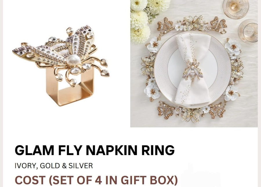 Glam Fly Napkin Ring in Ivory, Gold & Silver Set of 4 in a Gift Box