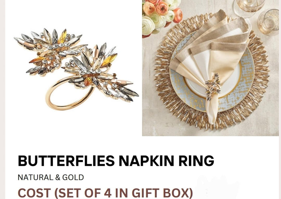 Butterflies Napkin Ring in Champagne & Crystal, Set of 4, in a Gift Box